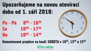 Alternátor - nová otevírací doba od září 2018